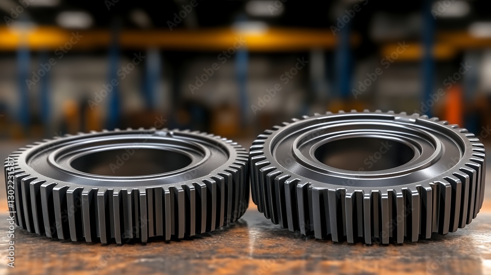 Detailed Close Up of Two Silver Metal Gears on an Orange Surface in Industrial Setting Detailed Close Up of Two Silver Metal Gears on an Orange Surface in Industrial Setting