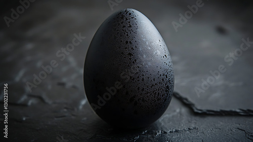 A single black egg with a textured surface on a dark wet reflective surface
