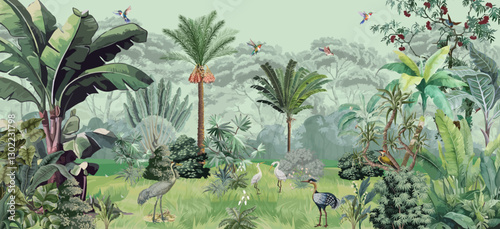 Panoramic Wall Murals, Animals, tree, birds, Plam trees.