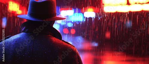 Mysterious Figure in Rain-Soaked Cityscape with Neon Lights and Dramatic Mood