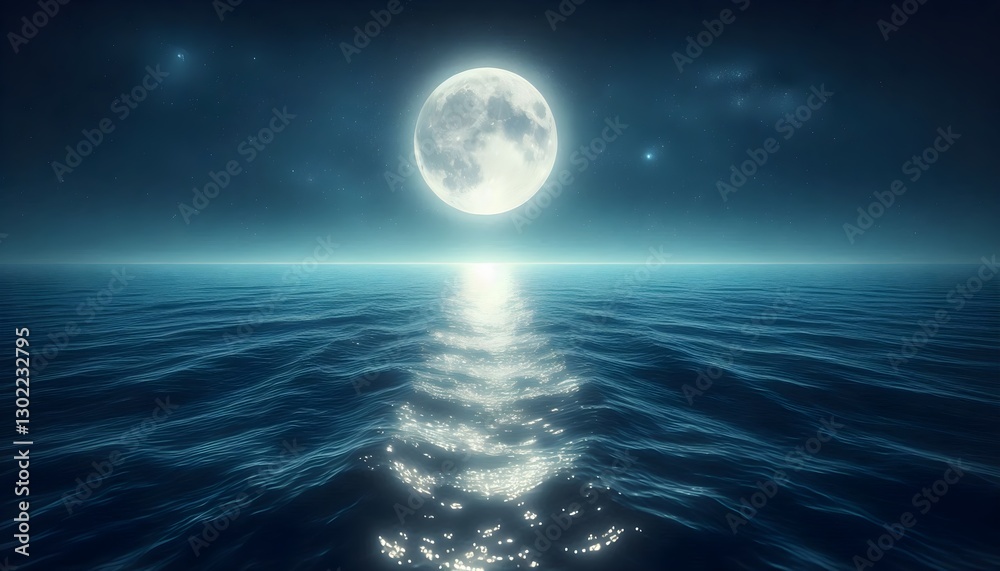 Fototapeta premium Glowing full moon reflecting soft light across gentle ripples on tranquil ocean surface