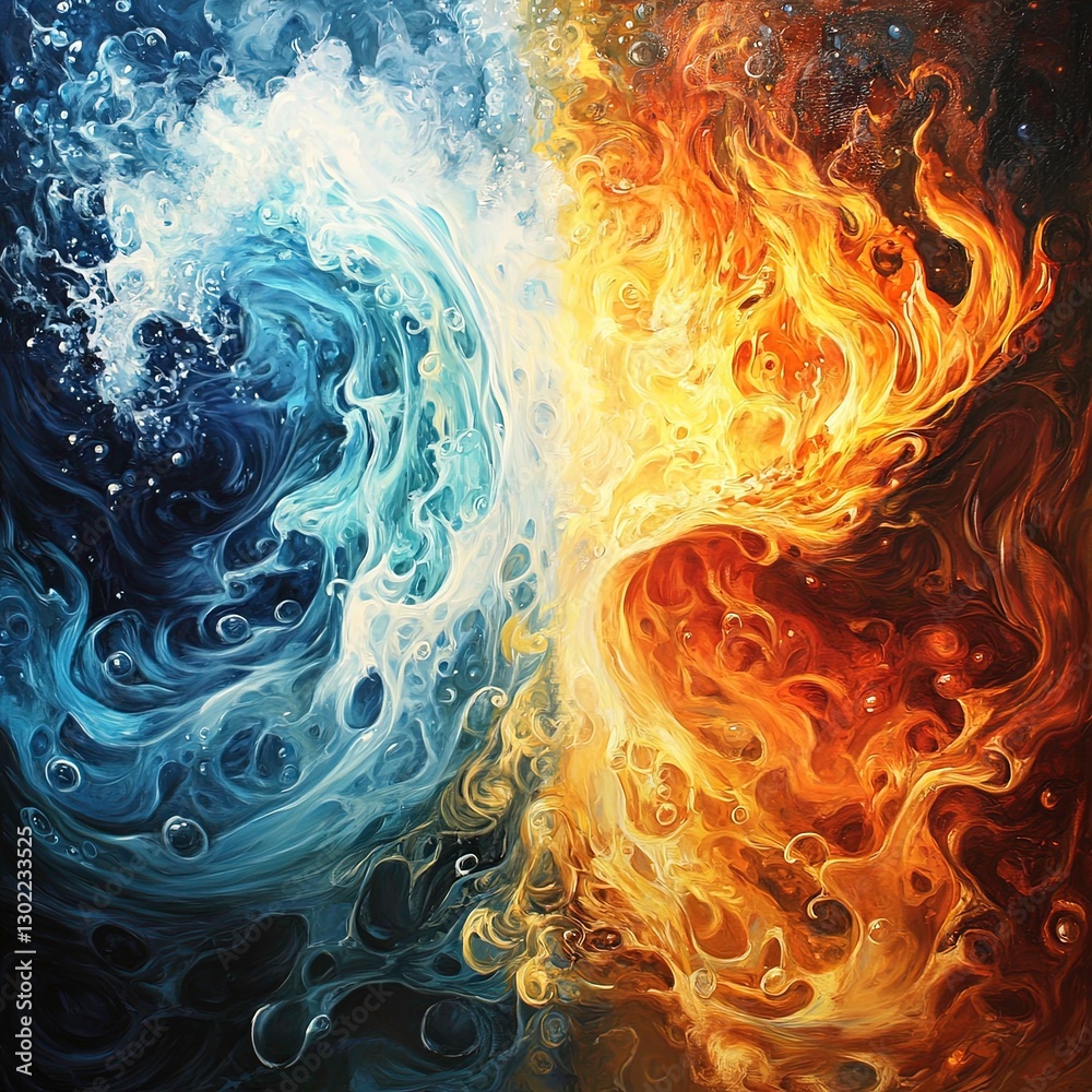 Fototapeta premium Contrast of elements showcasing fire and water in vibrant swirling forms