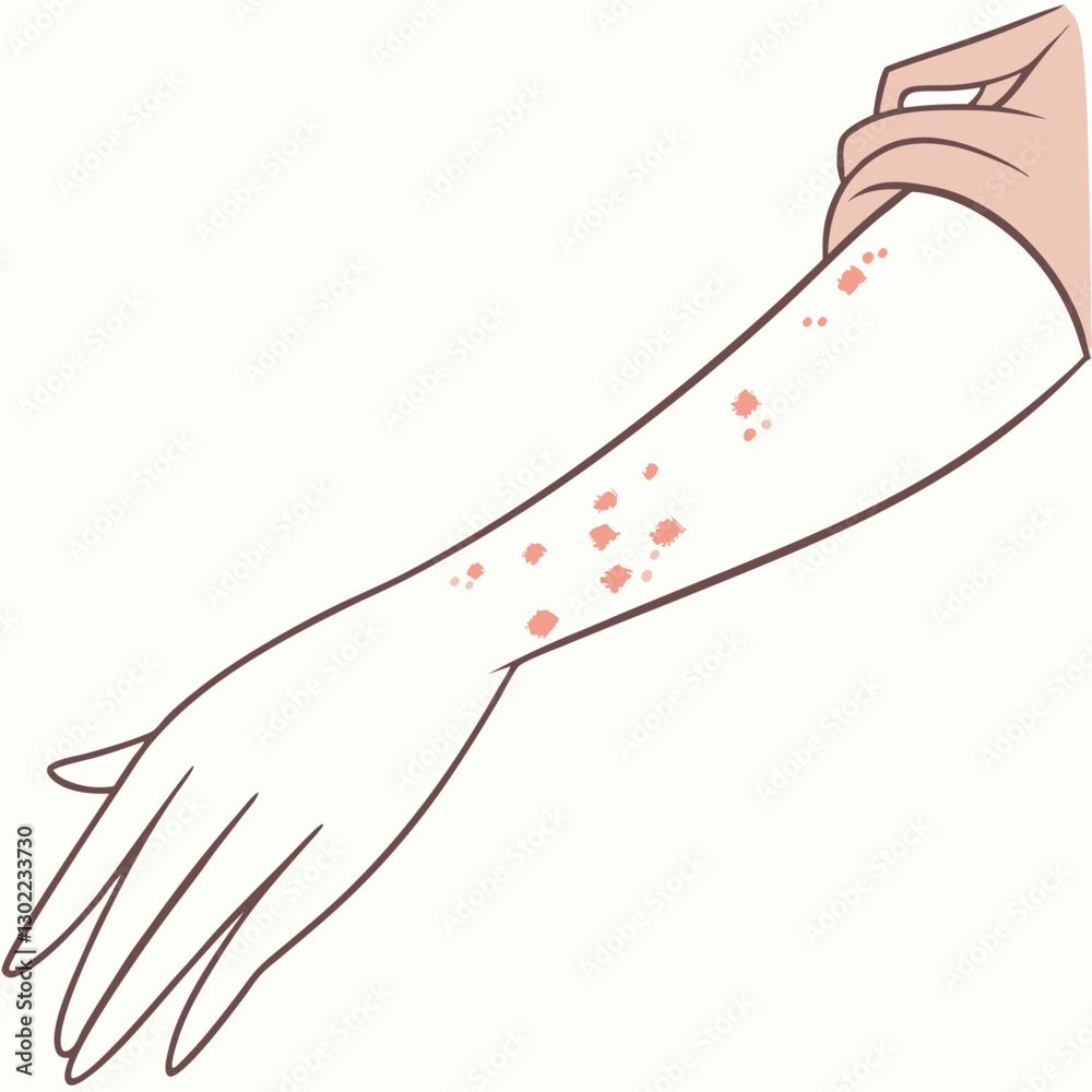 Illustration of a forearm and hand affected by a rash dermatitis Illustration of a forearm and hand affected by a rash dermatitis