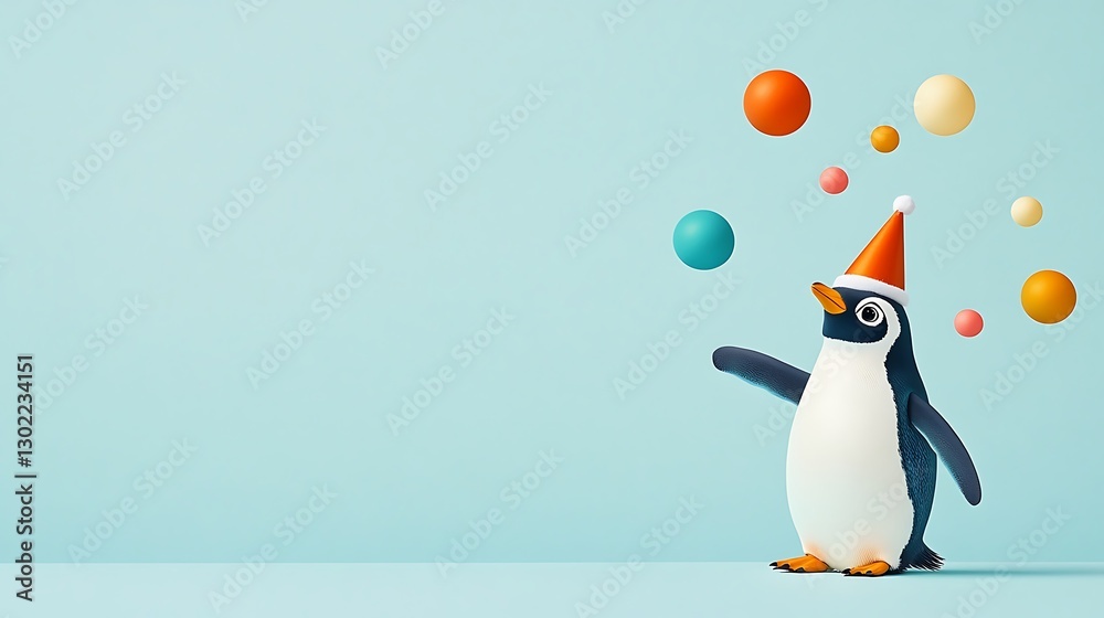 Obraz premium Festive Penguin Juggling Colorful Balls: A 3D Rendered Holiday Scene AI Generated
