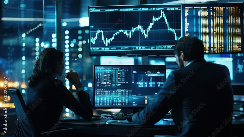 A broker office with a team of professionals discussing market strategies.