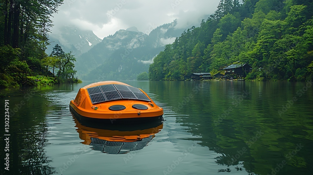 Naklejka premium Solar-powered boat navigates serene lake nature photography tranquil aerial perspective
