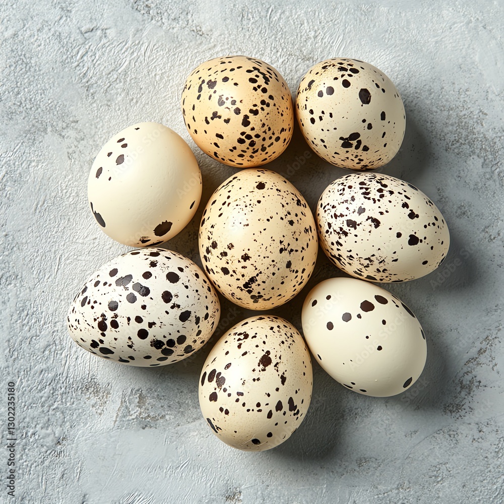 Obraz premium Top view of fresh quail eggs, spotted small shells, healthy organic farm product, dietfriendly breakfast ingredient, raw food with copy space