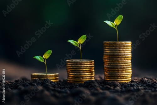 Stacks of coins with sprouted shoots. Concept of capital growth, successful investments, gradual accumulation of wealth and sustainable development