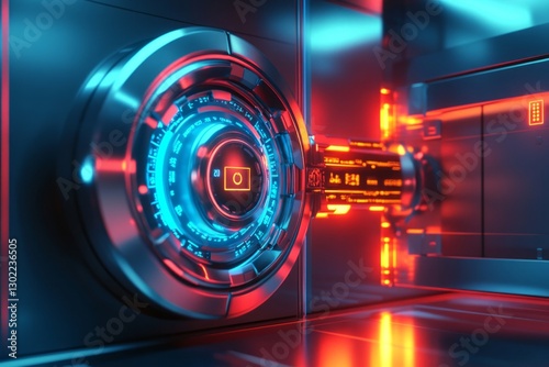 Futuristic biometric bank vault representing digital financial security. Concept of reliable financial protection in the digital era