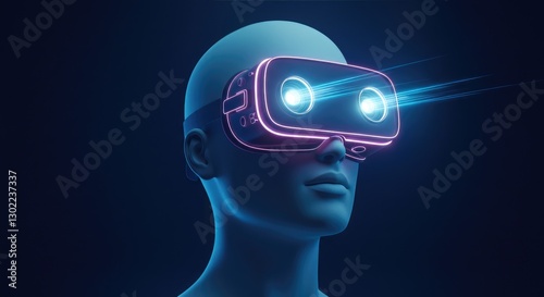 3D-rendered  glasses on a mannequin head, glowing with neon pink and purple lights.