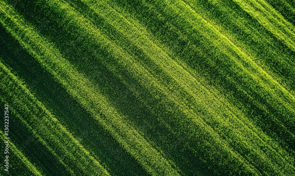 Fototapeta premium Aerial view of a green grass field with lines and stripes, a top-down perspective, bright daylight, shot from above, a flat lay background