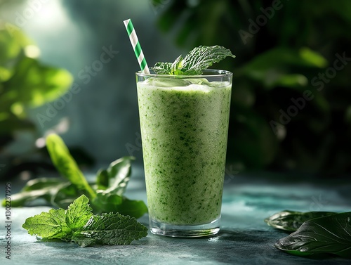 Organic kale smoothie, fresh green juice, detox beverage with raw vegetables, vitaminpacked and antioxidantrich nutrition blend photo