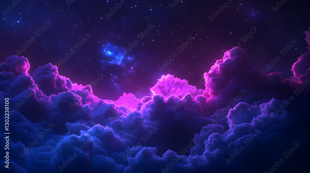 Fototapeta premium Cosmic midnight blue illuminated by radiant magenta light shining through thick soft rolling clouds