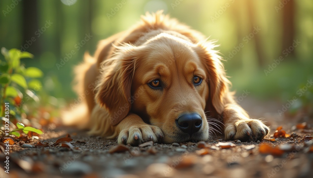 Golden retriever resting quietly on a forest path during golden hour with soft sunlight filtering through the trees Golden retriever resting quietly on a forest path during golden hour with soft sunlight filtering through the trees
