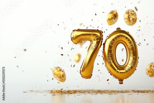 luxurious golden foil number 70 balloon reflecting light dramatically against clean white background, with subtle shadows and festive confetti scattered elegantly below for celebration atmosphere