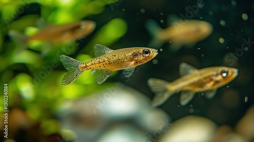 A small group of brook sticklebacks darting around underwater rocks in a gentle stream.