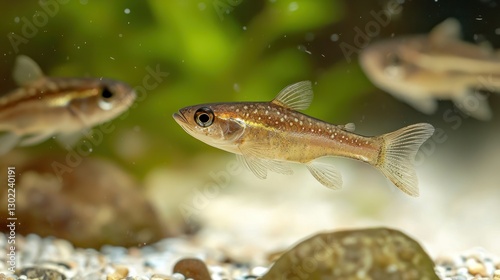 A small group of brook sticklebacks darting around underwater rocks in a gentle stream.