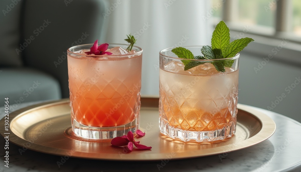 custom made wallpaper toronto digitalTwo artisan cocktails served on a golden tray with floral garnishes in a modern indoor setting