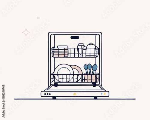 A stainless steel dishwasher with the door slightly open, showing clean dishes inside