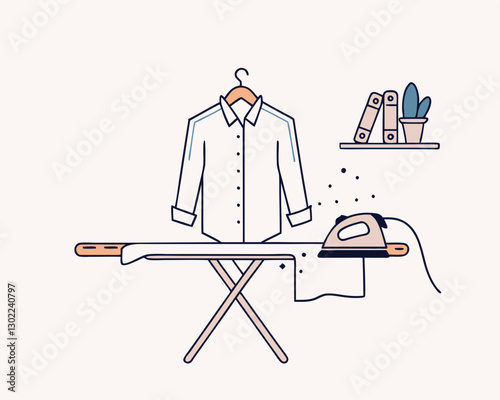 A steam iron gliding over a crisp white shirt on an ironing board