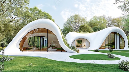 Modern organic architecture house green landscape exterior view nature inspired futuristic design