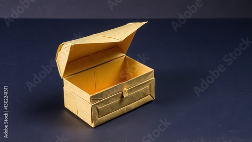  an intricately folded golden origami box stands open against a dark surface