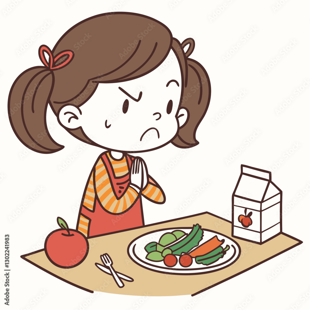 Girl's Reluctance to Eat Veggies: A Whimsical Illustration of Dietary Hesitation Girl's Reluctance to Eat Veggies: A Whimsical Illustration of Dietary Hesitation