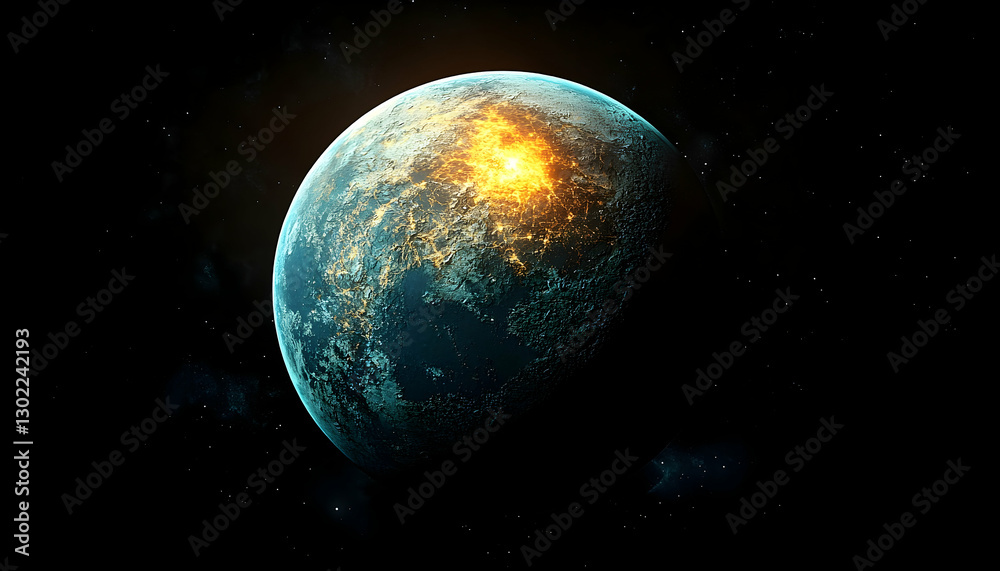 Fototapeta premium Distant Exoplanet with Brilliant Illumination Over Surface Rendering, Isolated