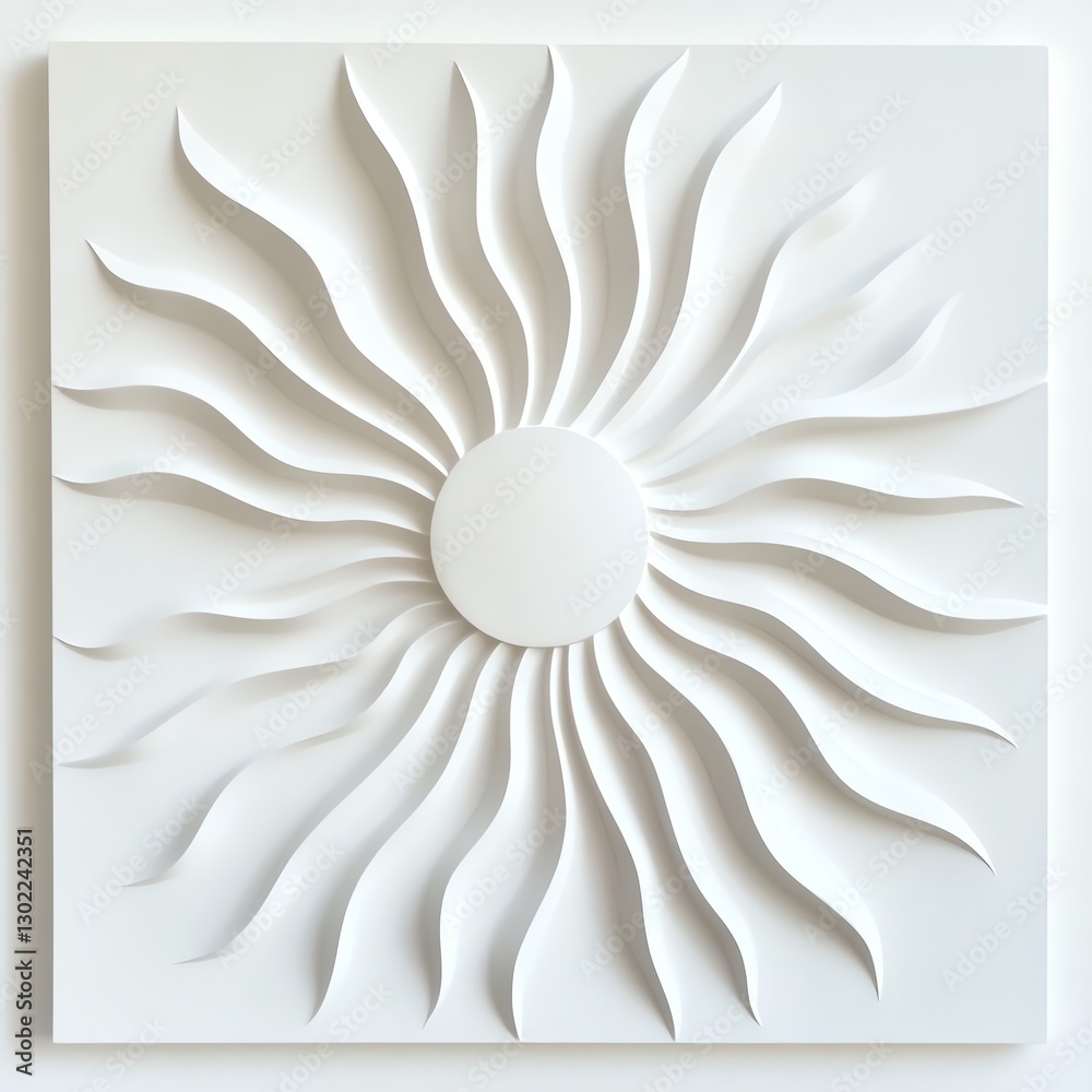 Stylized sun design in white, showcasing intricate layered patterns. Stylized sun design in white, showcasing intricate layered patterns.