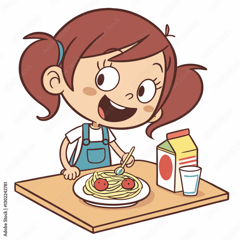 Cartoon girl enjoying a meal of spaghetti with tomato sauce and milk Cartoon girl enjoying a meal of spaghetti with tomato sauce and milk