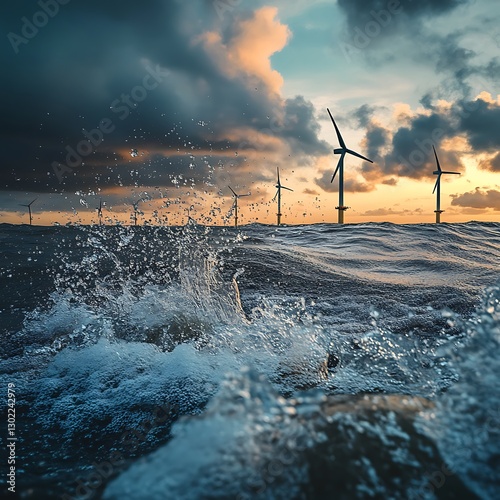 Wind turbines in stormy sea. Ecology concept.