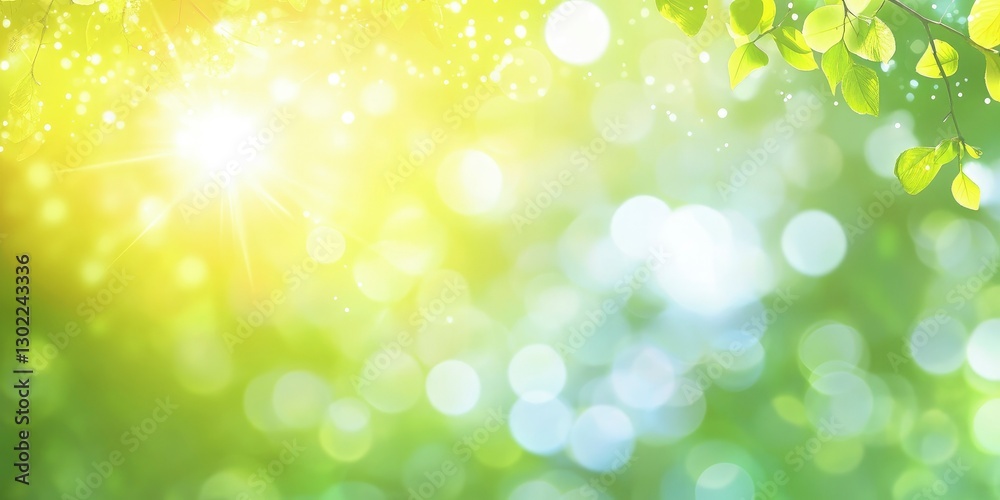 blurred spring background with sun and bokeh, green, yellow, and blue sky, banner template blurred spring background with sun and bokeh, green, yellow, and blue sky, banner template