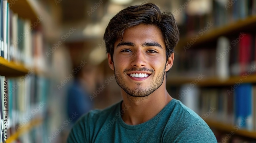 Smiling student in a library, focused portrait Smiling student in a library, focused portrait