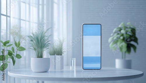 A modern smartphone stands on a minimalist table, surrounded by tasteful indoor plants, showcasing a serene nature scene. This composition promotes tranquility and contemporary design aesthetics.