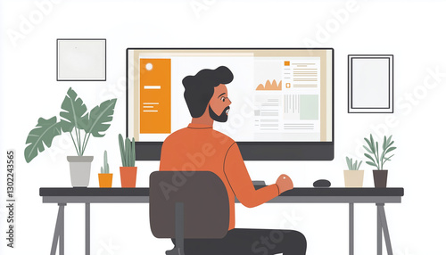 A man sits at a stylish desk with a computer surrounded by greenery. This image captures a modern workspace perfect for enhancing creativity and productivity.