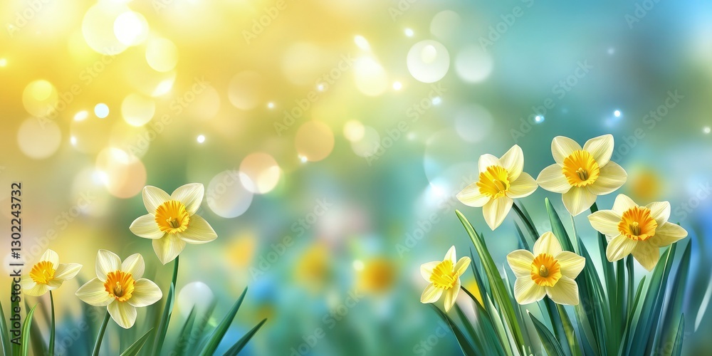 blurred spring background with sun and bokeh, green, yellow, and blue sky, banner template blurred spring background with sun and bokeh, green, yellow, and blue sky, banner template