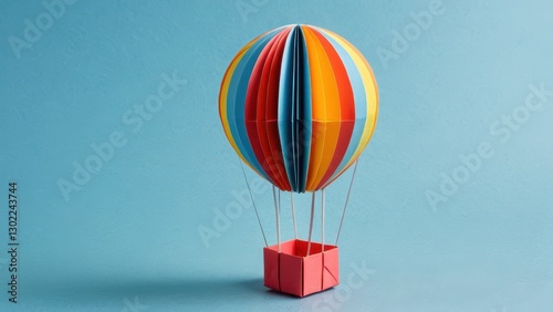  a vibrant paper hot air balloon floats against a calming blue backdrop
