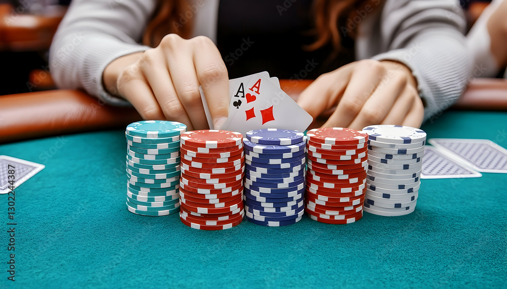 Hands holding pair of aces with poker chips stacked on green felt table Hands holding pair of aces with poker chips stacked on green felt table