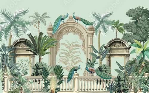 Traditional Mughal wall mural, Mughal arch, Mughal motif with Peacock and birds, watercolor background.