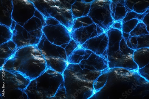 microscopic view of bioluminescent fungi network, electric blue mycelium threads interconnecting across dark substrate, ethereal glow reveals intricate organic patterns