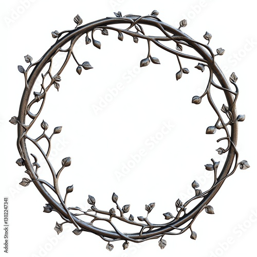 Elegant circular wreath made of branches and leaves, white isolated background.