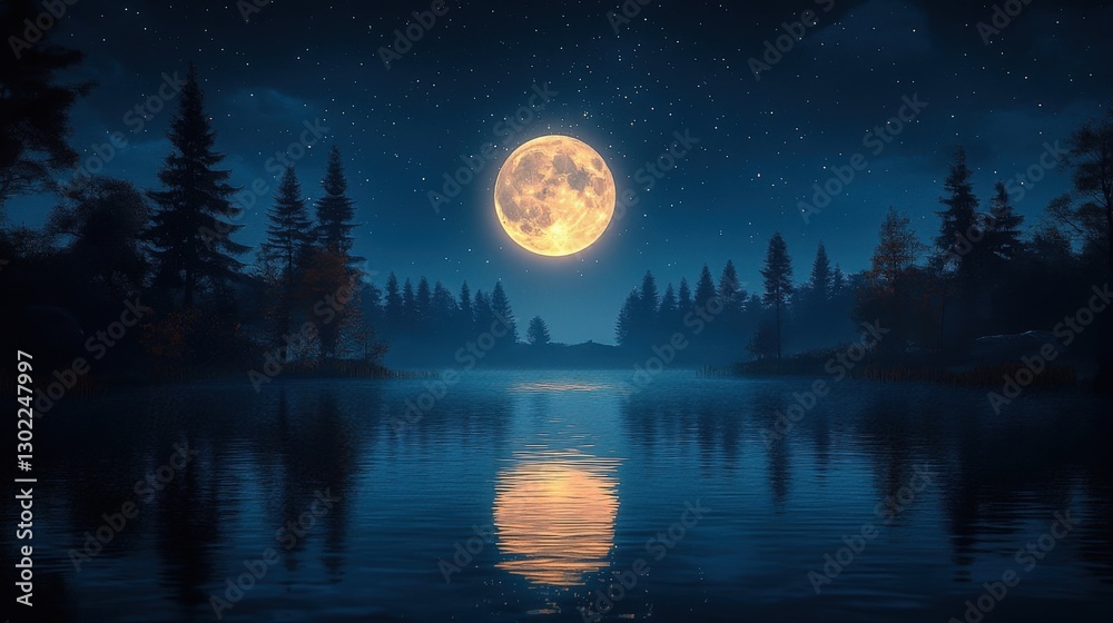 Naklejka premium Full Moon Over Still Lake and Forest at Night