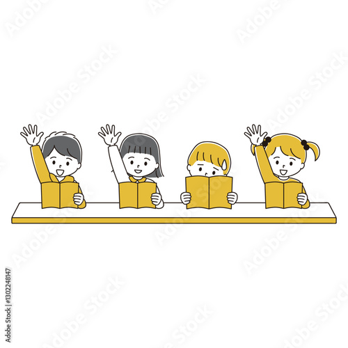 本を読む　手を挙げる子どもたちのイラスト