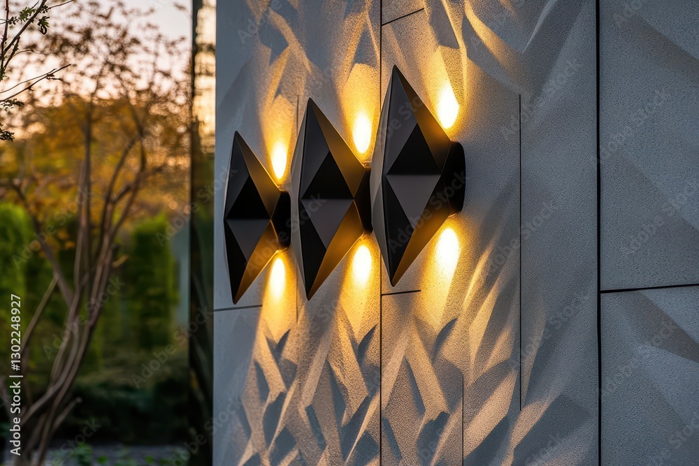 modern geometric outdoor wall sconce casting dramatic light patterns on textured exterior wall at twilight, blending contemporary design with warm ambient illumination in residential setting