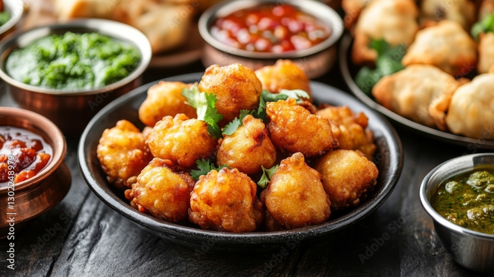 Golden Fried Indian Snacks With Dipping Sauces Golden Fried Indian Snacks With Dipping Sauces