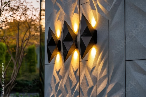 modern geometric outdoor wall sconce casting dramatic light patterns on textured exterior wall at twilight, blending contemporary design with warm ambient illumination in residential setting