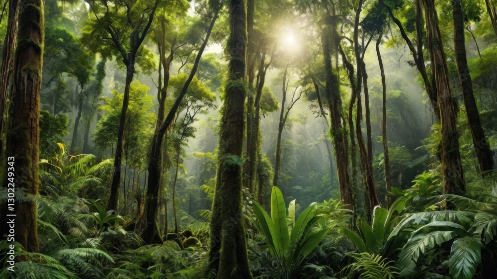 Naklejka premium Wide scenic view of a lush green tropical forest with tall trees, dense plants, and misty vibes. The background is fresh and peaceful, filled with nature’s beauty.