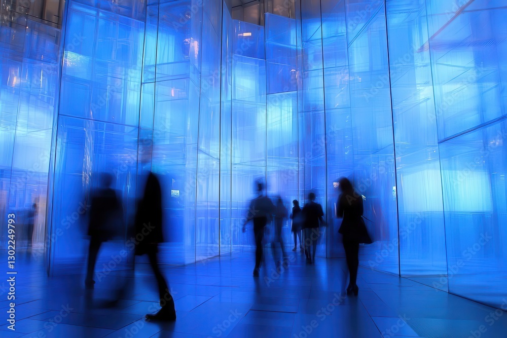 motion-blurred professionals navigating through a high-tech corporate atrium with geometric glass architecture, illuminated by cascading blue light panels creating dynamic movement patterns motion-blurred professionals navigating through a high-tech corporate atrium with geometric glass architecture, illuminated by cascading blue light panels creating dynamic movement patterns