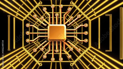 Golden Microchip with Intricate Circuit Lines Symbol of Advanced Technology, Digital Innovation, and Connectivity in Modern Electronics with Glowing Design Highlights