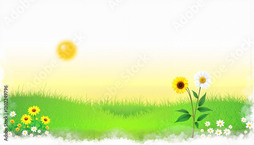 Sunflower and daisy flowers in green field with summer sun